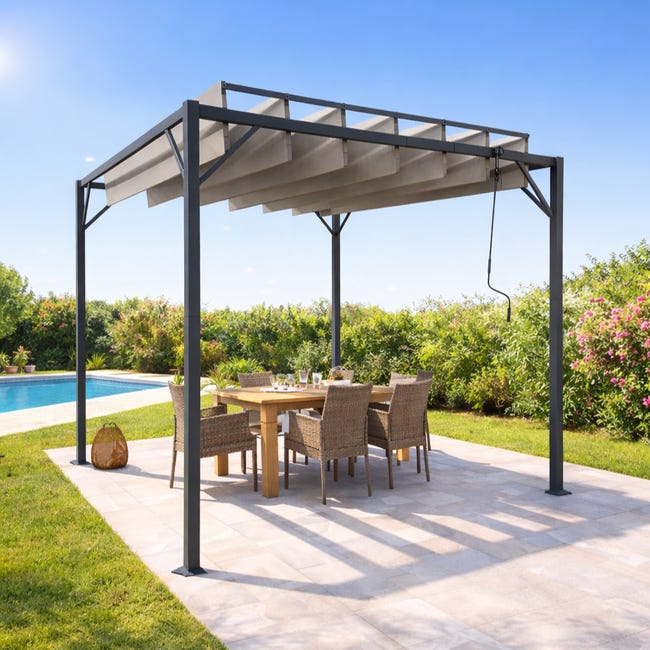 Pergola bioclimatique autoportante acier 3x3m lames orientables beige